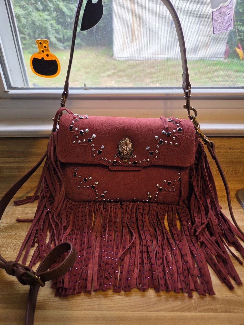 Kurt Geiger NWT Burgandy Suede Fringe Hobo, Shoulder & Crossbody Bag & Dustbag